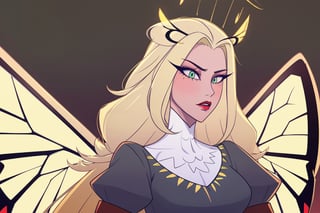 ((masterpiece, best quality, 1girl, solo)), long wavy gold blonde hair, heterochromia green and red eyes, butterfly wings and antennae, red lips, white skin,  hupper body, face view, dark thick eyelashes, dark and classy chic dress, happy, huge boobs,  demon butterfly, butterfly aesthetic,Lute, Adam, Cotton Candy, at the court, sitting
