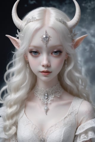 ,(long intricate horns:1.2) ,albino demon girl with enchantingly beautiful, alabaster skin,
A benevolent smile,girl has Beautiful deep black eyes,soft expression,Depth and Dimension in the Pupils,
Her porcelain-like white skin reflects an almost celestial glow, highlighting her ethereal nature,Every detail of her divine lace costume is meticulously crafted, 
Capture the subtle intricacies of the lacework, emphasizing the delicate patterns that complement her unearthly features. From the curve of her horns to the flowing elegance of her dress, 
,goth person,epicDiP,DonMM1y4XL