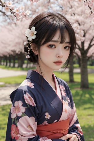 1girl, solo, outdoor, cute japanese model girl, kimono, floral print, hair ornament, looking at viewer, hair flower, brown eyes, bangs, cherry blossom grove,
masterpiece, best quality, realistic