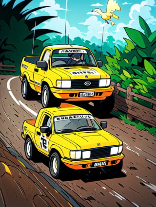 masterpiece, best quality, high Resolution, toriyama_akira style
1 driver wears helmat, driving pick up truck, off road style,
extra lights on roof top, extra lights on bumper, wrc racing painting, fly over ramp
jungle, muddy road, sky, muddy car, from under
