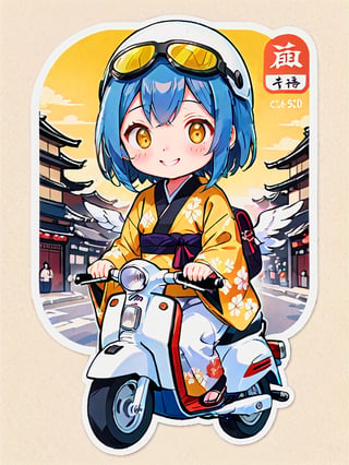 masterpiece, best quality, high Resolution, chibi style, cute illustration, full shot
1girl, kimono, blue hair, long hair, yellow eyes, smiling
kimono girl riding honda super cub c50, super cub c50, wear half helmet, wear goggles
street, city, morning, hair flying, torii, cute bag, stikers on super cub c50, stikers on helmet, ukiyo-e background, ani_booster, kuchiki rukia, looking_at_viewer, aesthetic