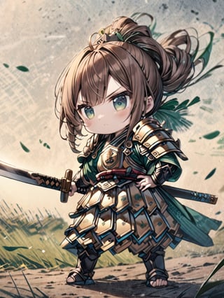 masterpiece, best quality, high Resolution, fractal_art
1girl, chibi characters, yellow japanese armour, japanese sworld, katana, [brown hair/green hari], green eyes, serious
Right hand holding a katana, left hand on hip, shoulder-width standing, 
field, morning, windy, hair flying, cute knight, warrior,Ukiyo-e