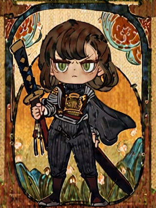 masterpiece, best quality, (art nouveau 1.5)
1girl, chibi characters, yellow japanese armour, japanese sworld, katana, [brown hair/green hari], green eyes, serious
Right hand holding a katana, left hand on hip, shoulder-width standing, a flag on the back
field, morning, windy, hair flying, cute knight, warrior,virgin destroyer sweater
