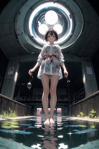 1 girl ,solo, smile, standing, midnight, rainy night, (from below 1.5), (random view 1.5), (fish eye 1.3), (full body 1.5), wet hair, wet skin, wet floor, very shallow water pond, reflection, looking_at_viewer, street view,yofukashi background
