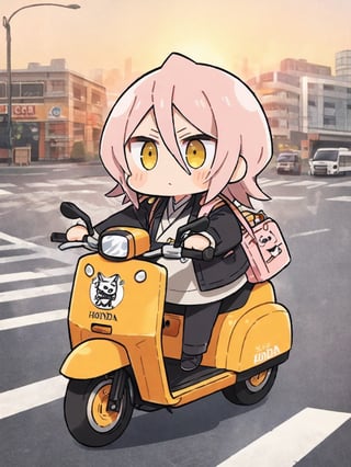 masterpiece, best quality, high Resolution, chibi style, full shot
1girl, expressive outfits, [pink hair/blue hari], yellow eyes, serious
rider, riding honda super cab, super cab, one hand on handle bar, riding to viewer
street, city, morning, hair flying, cute bag on shoulder, stikers on super cab, ani_booster, kuchiki rukia