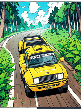 masterpiece, best quality, high Resolution, toriyama_akira style
1 pick up truck, off road style, (((driver wears helmat)))
extra lights on roof top, extra lights on bumper, wrc racing painting, fly over ramp
jungle, muddy road, sky, muddy car, from under
