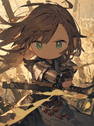 masterpiece, best quality, high Resolution, chibi style, cowboy shot
1girl, yellow japanese armour, japanese sworld, katana, Jūmonji yari , [brown hair/green hari], green eyes, serious
iaidow, Right hand holding katana, left hand on hip, from right
field, morning, windy, hair flying, cute knight, warrior,