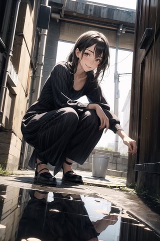 1 girl ,solo, smile, squat, midnight, (from below 1.5), (front view 1.5), (full body 1.5), small water puddle, reflection, hand reach to viewer, looking_at_viewer, street view,Dress