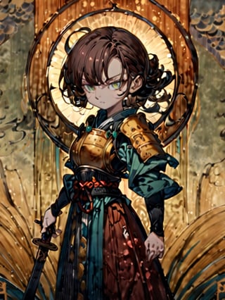 masterpiece, best quality, (art nouveau 1.5)
1girl, chibi characters, yellow japanese armour, japanese sworld, katana, [brown hair/green hari], green eyes, serious
Right hand holding a katana, left hand on hip, shoulder-width standing, 
field, morning, windy, hair flying, cute knight, warrior,