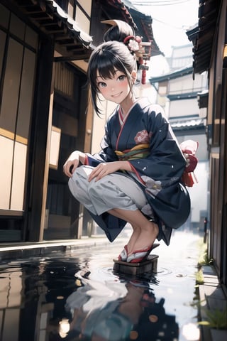 1 girl ,solo, smile, squat, midnight, kimono, japanese traditional clothes, (from below 1.5), (front view 1.5), (full body 1.5), small water puddle, reflection, hand reach to viewer, looking_at_viewer, street view, wearing kimono