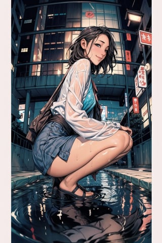 1 girl ,solo, smile, squatting, midnight, rainy night, (from below 1.5), (side view 1.5), (fish eye 1.3), wet hair, wet skin, reach hand to viewer, wet floor, water pond, reflection, looking_at_viewer, street view,yofukashi background