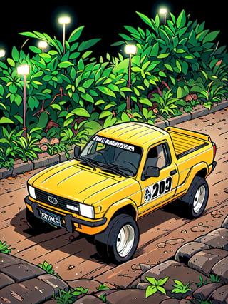 masterpiece, best quality, high Resolution, toriyama_akira style
1 pick up truck, off road style, driver wears helmat
extra lights on roof top, extra lights on bumper, wrc racing painting
jungle, muddy road, sky, muddy car

