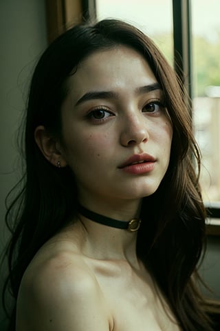 igirl, beautiful Korean woman, close up, portrait, black choker, looking slightly away from camera,  dimly lit, sitting in a room by a window, bathed in golden sunlight, dark walls, stud earrings, women's watch,  best quality, amazing quality, very aesthetic, (petite), ((small breasts)), insanely detailed eyes, insanely detailed face, insanely detaled lips, insanely detailed hands, insanely detailed hair,  insanely detailed skin, long light brown hair, brown eyes, red lipstick