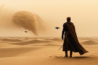 an illustration by Ashley Wood. scene dune movie. Vast desert, Paul with ornithopter on the grounfd His cape is flitting on the side because of the wind. huge sandstorm on backround approaching to them.. He wears a torn and worn cape that flaps on his back pushed by the wind. He is armed with a futuristic rifle and walks on the sand of a desert in the middle of a sandstrom. In the background yellow fog, dune movie, cinematic style, masterpiece 