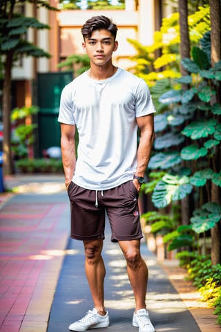 full-body-length photograph of a 21yo man, dark_brown hair, pale brown skin, muscular, plain_tshirt and shorts, broad_shoulders, chill expression, university 