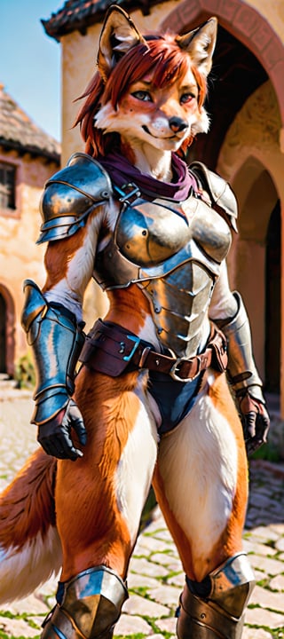 fill-bofy-length photograph of a 10yo girl knight, anthro fox, mostly scenery, very-wide-angle, pale freckled skin, copper_red hair, short-hair, slim endomorph, ripped, armour,, smile,