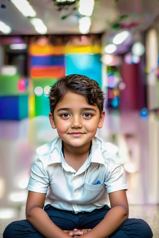 wide-angle portrait photograph of a 8yo boy, halo, dark_brown hair, pale brown skin, white shirt, broad_shoulders, chill expression, sitting pose, blurry_background