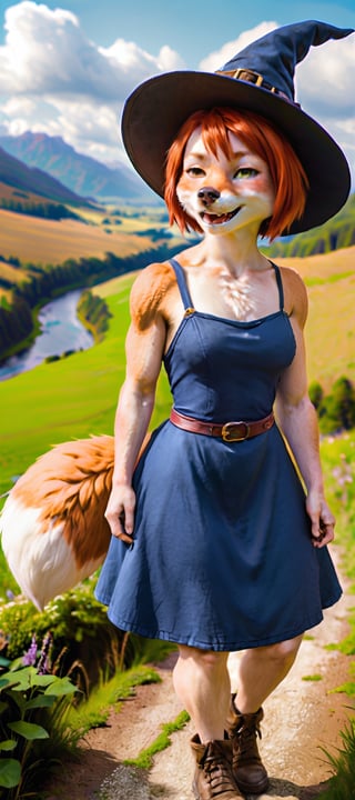 fill-bofy-length photograph of a 10yo girl witch, anthro fox, mostly scenery, very-wide-angle, pale freckled skin, copper_red hair, short-hair, slim endomorph, ripped, flowing dress,, smile,