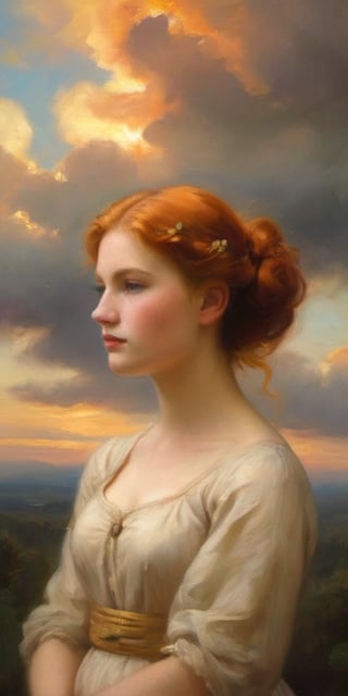 A serene adolescent girl wearing a Regency dress, approximately 18 years old, basks amidst wispy cloud formations, her bright copper-red locks elegantly coiffed into a chignon, while a radiant golden aura surrounds her head, symbolizing her divine status as a goddess. Her intense stare at the viewer is the focus, as the soft clouds and subtle lighting evoke a sense of ethereal tranquility.