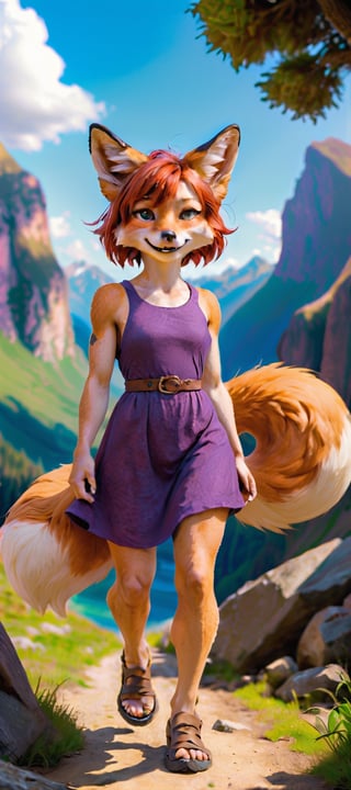 fill-bofy-length photograph of a 10yo girl witch, anthro fox, mostly scenery, very-wide-angle, pale freckled skin, copper_red hair, short-hair, slim endomorph, ripped, flowing dress,, smile,