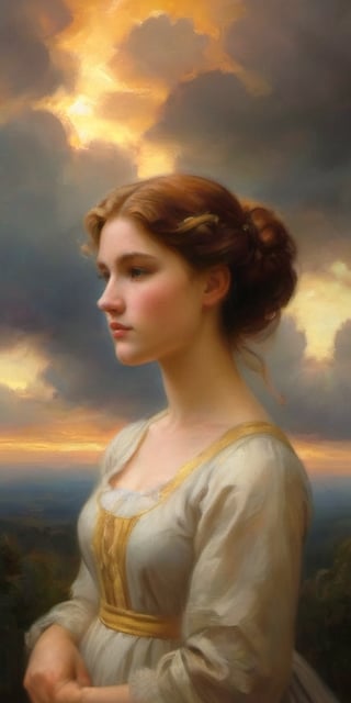 A serene adolescent girl wearing a Regency dress, approximately 18 years old, basks amidst wispy cloud formations, her mahogany hair elegantly coiffed into a chignon, while a radiant golden aura surrounds her head, symbolizing her divine status as a goddess. Her intense stare at the viewer is the focus, as the soft clouds and subtle lighting evoke a sense of ethereal tranquility.