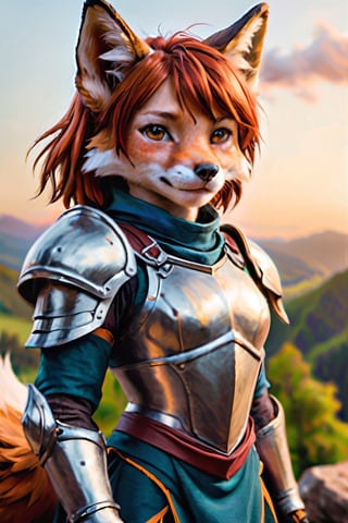 oil painting of a 10yo girl child knight, anthro fox, mostly scenery, very-wide-angle, pale freckled skin, copper_red hair, short-hair, slim endomorph, ripped, armour,, smile,