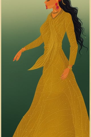 Illustration of a woman with long flowing hair lying on grass. She wears a yellow gold blouse with elbow-length sleeves and a traditional wrap skirt with gold border detail. Her accessories include large earrings, bangles, and a bindi on her forehead. Her facial expression is calm and serene.
