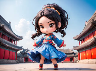 A girl who studies martial arts lives in a huge building square in Suzhou, China.,ninjascroll,long skirt,disney pixar style,chibi