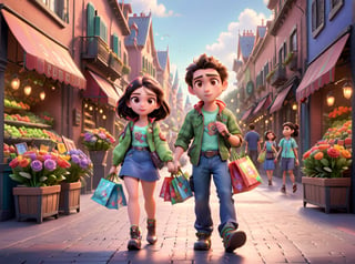 Two people, a girl, a boy, a florist, in a modern city, shopping, Disney-Pixar style.