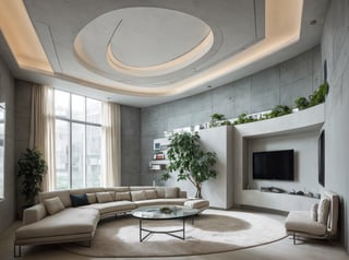 Interior Design, a living room Tv wall, Stone and metal on TV wall,natural light, light colors, plants, modern furniture, modernist, modern interior design,by zaha hadid,256K,Conceptualize complex geometry into graceful and smooth curved shapes,deconstruction style.