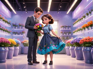 2 people in a modern florist space, boy in suit, choosing flowers. Girl wears a long skirt, in the introduction, Disney-Pixar style.