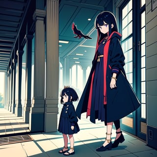 High-definition full-body image, young princess, dilapidated train station, rose garden. Aged 5-10, with long black hair, red highlights on the left side, and blue highlights on the right side. Wearing a purple winter coat, surrounded by many crows, the princess has a petite stature and a serious, focused expression. Adorned with a gold necklace, silver bracelets, and anklets. Carrying a streamlined long sword.
