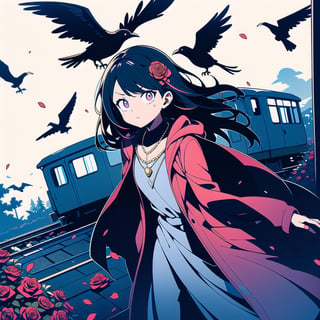 High-definition full-body image, young princess, dilapidated train station, rose garden. Aged 5-10, with long black hair, red highlights on the left side, and blue highlights on the right side. Wearing a purple winter coat, surrounded by many crows, the princess has a petite stature and a serious, focused expression. Adorned with a gold necklace, silver bracelets, and anklets. Carrying a streamlined long sword.
