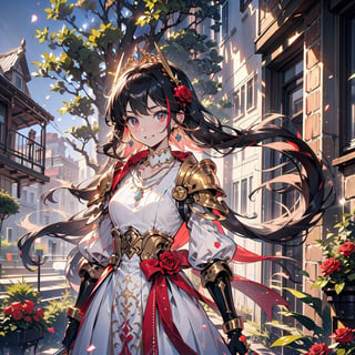 High-definition, young princess in a rose garden. Aged 20-30, with long golden hair and red highlights, wearing a white summer dress, sThe princess has a petite stature and a innocent, joyful expression, adorned with a silver necklace and jewel-studded rings.  sword .
