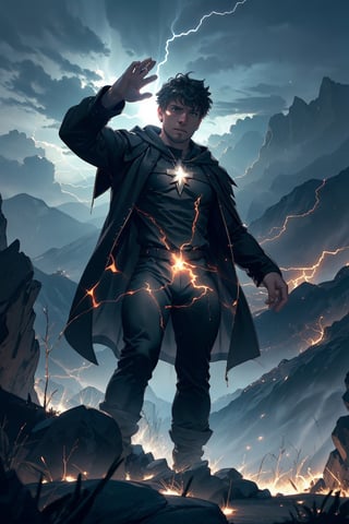 masterpiece, best quality, detailed background, perfect lighting, outdoor, 1 muscular man, photo of a mage standing on mountain top, casting a spell, lightning energy is surrounding him, a storm is behind him, raising his hand to the sky, energy spilling from his hand, black cloak, red glow in the sky,Nero,Celestial Skin 