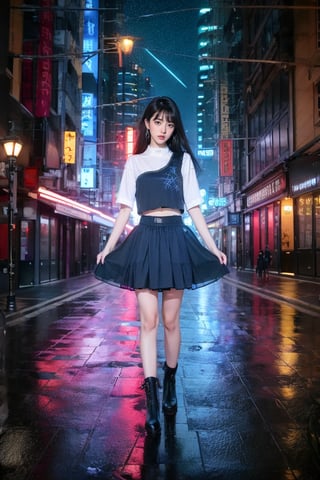 1 girl, a beautiful young Asian girl with long straight hair, bangs, blue eyes, straight nose, white soft skin; small lips, flat belly, long legs, ergonomic hands and fingers, symmetrical body shape, relaxed fingers, aesthetic looking, smiling expression; wearing hanfuskirt, Chelsea boots; right hand carry a camera; night city street, cityscape, starry night; sharp focus, wide shot, full body shot; photorealistic style; ultra detailed, soft light, warm tone, peaceful atmosphere; high dynamic range, vivid colors, high quality photo, masterpiece, extremely Realistic, best quality, fantasy scene, sharpen image,neon background.