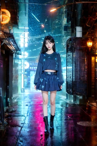 1 girl, a beautiful young Asian girl with long straight hair, bangs, blue eyes, straight nose, white soft skin; small lips, flat belly, long legs, ergonomic hands and fingers, symmetrical body shape, relaxed fingers, aesthetic looking, smiling expression; wearing hanfuskirt, Chelsea boots; right hand carry a camera; night city street, cityscape, starry night; sharp focus, wide shot, full body shot; photorealistic style; ultra detailed, soft light, warm tone, peaceful atmosphere; high dynamic range, vivid colors, high quality photo, masterpiece, extremely Realistic, best quality, fantasy scene, sharpen image,neon background.