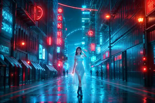 1 girl, a beautiful young smiling Asian girl with long straight hair, bangs, blue eyes, straight nose, white soft skin; small lips, flat belly, long legs, ergonomic hands and fingers, symmetrical body shape, relaxed fingers, aesthetic looking, smiling expression; wearing long silver dress, Chelsea boots; right hand carry a camera; night city street, cityscape, starry night; sharp focus, wide shot, full body shot; photorealistic style; ultra detailed, soft light, warm tone; high dynamic range, vivid colors, high quality photo, masterpiece, extremely Realistic, best quality, fantasy scene, sharpen image,neon background, Colorful Binary Code Energy.,Colorful Binary Code Energy.