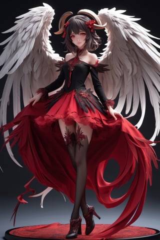 more detail XL,bj_ angel highly detailed, high quality, masterpiece, (medium long short), 1girl, solo, looking at viewer, red eyes, red skirt, simple background, black shirt, animal ears, closed mouth, standing, full body, short sleeves, red pantyhose, black wings, straight goat horns, black shoes, red skirt, medium hair, grey background, black footwear, black pantyhose, feathered wings red, forehead mark, arms at sides, straight-on, virgin destroyer sweater, milf