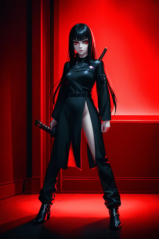  Solo, 1girl, long-hair, black-hair, black assassin dress, red eye, full body, background in a room, full red color light, badass face, katana in a hand, perfect lighting, dark room with red color light,perfect face, perfect body, ,photorealistic, heavy detailed, cute,