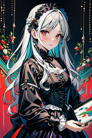 Light white hair,red eyes, black and white, Jasmine, vivid colors,black sweet Lolita, paint splash, simple background, ray tracing, wavy hair