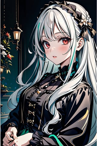 Light white hair,red eyes, black and white, Jasmine, vivid colors,black sweet Lolita, paint splash, simple background, ray tracing, wavy hair