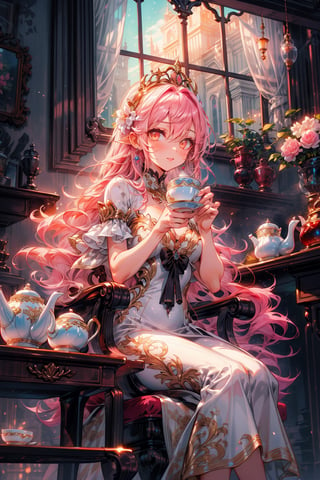 golden eyes ,pink hair,
delicate face,High detailed,Beautiful artistic conception,sweet atmosphere,Long hair,Details face, details hands, details eyes ,white dress,perfect,Princess,classic beauty,sit by the window,Holding a fancy tea cup