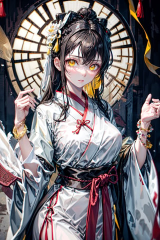 A beautiful girl, white skin, long
brown hair,fringed bangs and a big red ribbon on her head tied behind her head, dressed in a Black and white Hanfu , sharp yellow eyes, curly eyelashes, black baground,ancient_beautiful,Chinese style, yellow_eyes,white bracelet