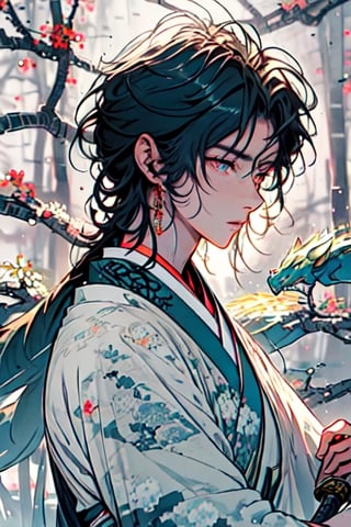 A Handsome boy, white skin,Dark blue short hair,blue-green hanfu ,dark red eyes,eyes like fox, curly eyelashes,Chinese style,Hanfu_Dragon_Boy,Chinese ink painting,ink wash painting,holding sword,There is a red line under the eye,
brandishing a sword,Half body,Chinese sword