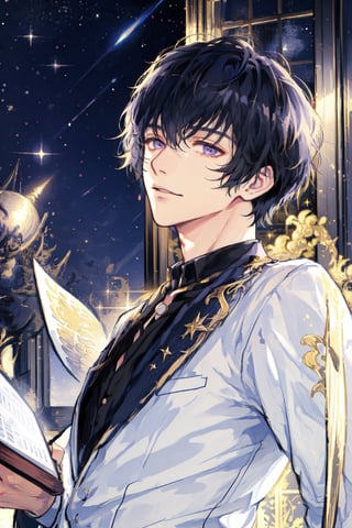 a boy,short black hair,white long sleeve shirt,masterpiece,Book,a handsome man,magic research,By the window and starry night,golden magic dust,boy,magician,golden sands,detailed_background,Black hair,best quality,high detail eyes,incredibly absurdres,male,slender wrist,1guy,Purple eyes,Youthful feeling