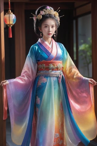 ultra Realistic,Extreme Detailed,beautiful Prism light,stardust,rainbow-colored light,
Glass made ultra Detailed transparent oiran Girl,ultra transparent,wearing luxury high-tech Low-cut Hanfu, perfect hands, full_body,