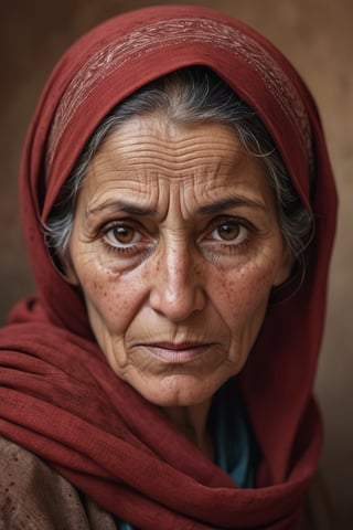 hyperrealistic,professional photography,Portrait,
 Afghan old woman , 40 yo, wearing red headscarf, brown clothes, rough skin texture, brown pupils, wrinkle,  clear iris texture, freckles , vicissitudes of life, melancholy expression, (focus on eyes), brown background, indoors, 
