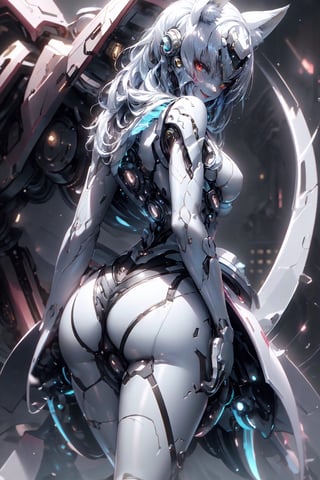 (masterpiece, best quality, volumetric lighting, absurdres, 8k, chiaroscuro lighting, Saturated_colors, intricately_detailed, neotech), ((slick)), wide_hips, (1_girl, white_metal_body, faceless, cute, cyan_neon_trim, helmet_with_blue_visor, long_twintails,), yareli, Style_SM,Holosw, 1girl, solo, long_hair, breasts, looking_at_viewer, smile, open_mouth, brown_hair, red_eyes, dress, animal_ears, jewelry, very_long_hair, tail, :d, sky, day, fang, looking_back, cloud, necklace, wolf_ears, foreshortening, wolf_tail, pouch, city, wolf_girl,yareli, light, fairy_wings, , totally beautiful red eyes & hair sadistic killer, holding a knife, knife, lots of blood around, hired killer, bloody clothes, bloody hands, bloody faces, crazy faces and expressions,neotech,mecha