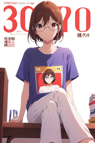 horimiya_hori,1girl,20 years old,brown eyes,magazine cover,modeling pose, standing,foreground,dominant,pov_eye_contact,white background,sitting, studying,sports t-shirt,pijama pants, glasses